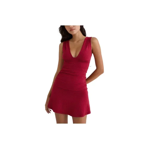 Motel Rocks Красный с Черным Микро Polka Принт Без рукавов Платье Женское