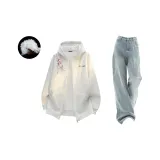 Комплект одежды (Белый кардиган с флисовой подкладкой + Светло-синие джинсы)