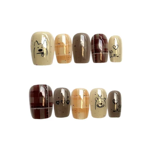 Gentle Welcome Осень и зима Клетчатый Мультяшный Британский Щенок False Nail Короткий LADDER Желтый Smudge Милый