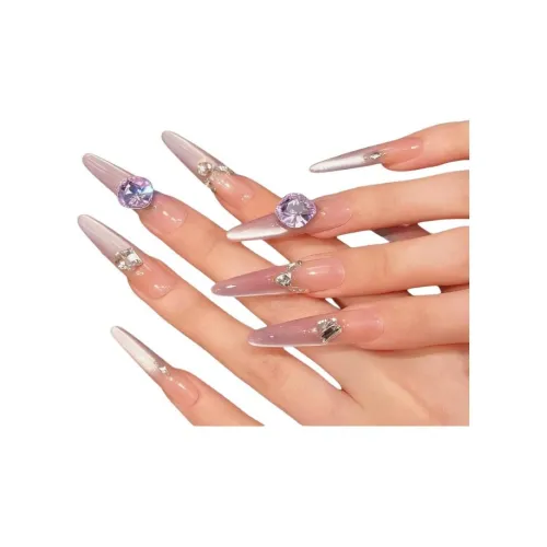 Yun Yue Joe Туманный Пряжа Пыльно-фиолетовый Кошачий глаз с Diagonal Rhinestones False Nail Острый Тип Розовый Градиентный Однотонный