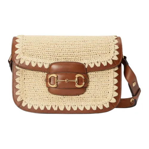 GUCCI Horsebit 1955 Рафия Сумка через плечо Женская Коричневый Естественный