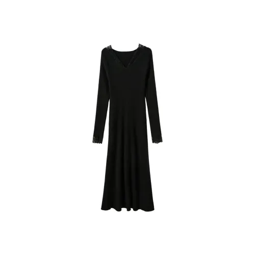 3COLOUR Классический черный Женские Длинные Платья с рукавами