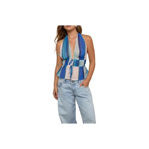 Motel Rocks Hassna Халтер Топ In Шифон Пате Синий в Полоску Топ на Бретелях Женские