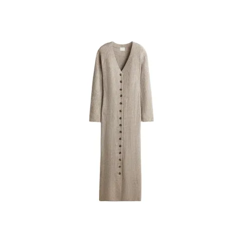 H M Светлый Бежевый Смешанный Цвет Женские Длинные Платья с Длинными Рукавами