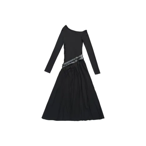 Казахстан Черный [с ремнем] Женские Длинные Платья с рукавами