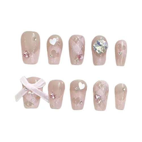 XIAMEIYU Pure Ручной работы Ambient Rhinestone Украшенный Bowknot Кожа Flattering Soft Heart False Nail Короткий LADDER