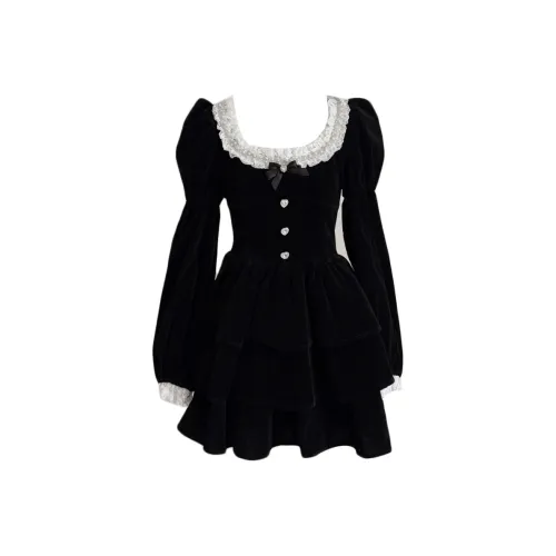 Udon House Черные Женские Длинные Платья с Рукавами