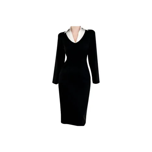 ONEPASS Черные Женские Длинные Платья с Длинными Рукавами