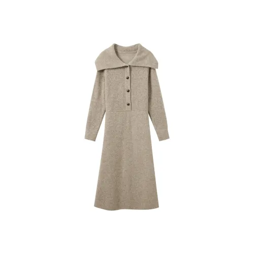 3COLOUR Овсяный Женские Длинные Платья с Длинными Рукавами
