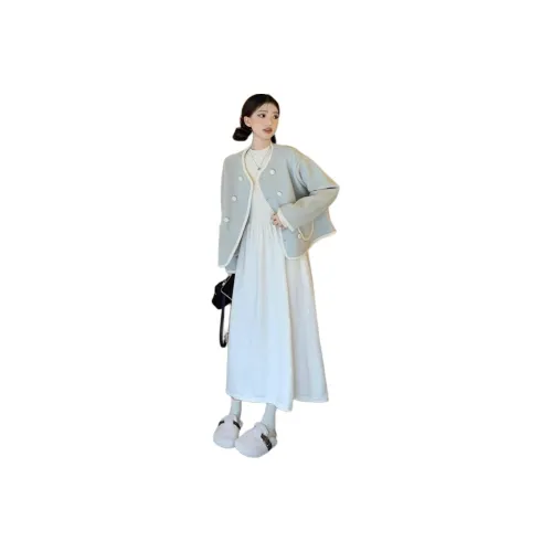 MDEHT Светло-синий пальто + платье женские комплекты с юбкой