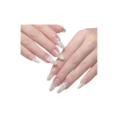 T Z Интернет Знаменитый Мягкий Телесный Жемчужный False Nail MID Длина Миндальный Белый Румяна Стойка Бант