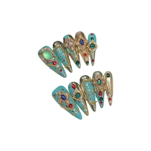 Fanze Luxury Style Полностью украшенный стразами Брак Броня Ручная работа Искусственный ногтик Острый тип Зеленый Однотонный Металл 30 мм