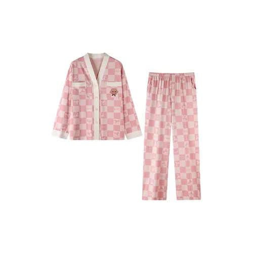 MIIOW Розовый Шахматный узор 100% хлопок Антибактериальный Женские Пижамные комплекты