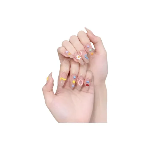JIABITU False Nail Summer Refreshing Дофаминовая одежда Линия HAND DRAWN Ins Кожа Флатеринг Нейл-арт Съемный Миндаль