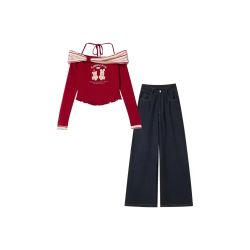 FABRIC PIG Красный топ + штаны + с кружевом + вверх женские повседневные костюмы