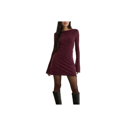 Motel Rocks Dasa Длинный рукав Мини платье Flock Леопард Сливовый Длинный рукав платье Женское