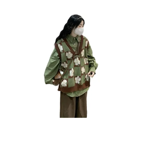 GUOZHEN Клетчатый Топ + Внутренняя Рубашка Женская Трикотаж