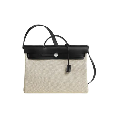 HERMES Herbag Messenger H Viking Холст с Hunter Коровья кожа Сумки через плечо Женские Экрю Миндаль Черный