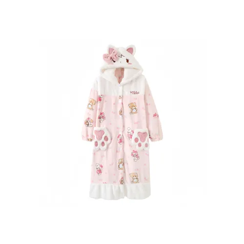 ECONICE Pink Kitten Patchwork Long Sleep Robe Women's Bath Robes