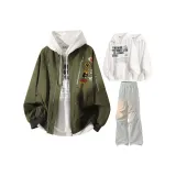 Армейский зеленый + случайный свитшот + светло-серые штаны