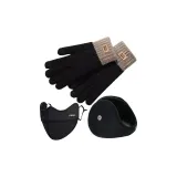 Черная термическая перчатка + черные меховые наушники с капюшоном + черная маска для лица