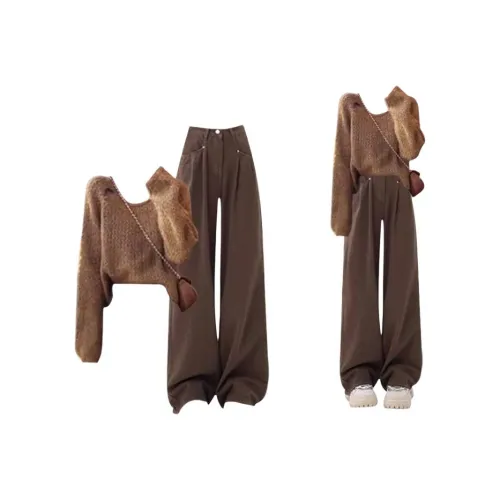 HANLEINA Кофейный Свитер + Кофейные Джинсы Женские Повседневные Костюмы