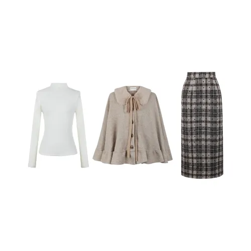 Овсяное пальто + абрикосовый базовый слой + коричневая клетчатая юбка женские комплекты с юбкой