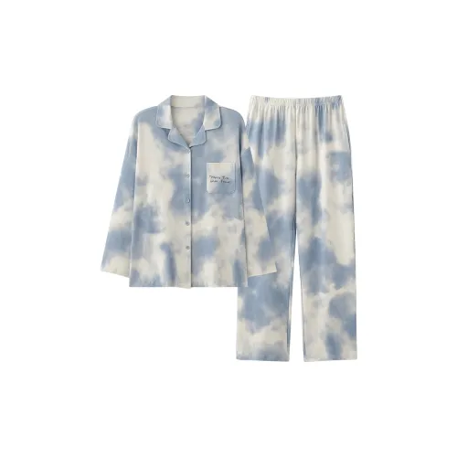 H YXIANG Осень и зима Все сезоны Все пижамы Домашняя одежда Женская премиум Tie Dye Синий