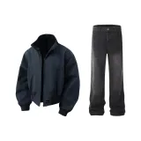 Темно-синий синий хлопковый пуховик + черные серые джинсы