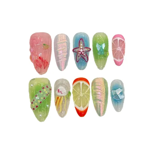 KDOW Многоцветный Пляж Best Selling Summer Beach Многоцветный 3D-эффект Броги Искусственные Ногти Миндаль Смешанный цвет