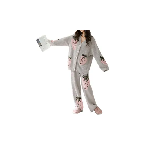 QTUR Клубничный Серый Кардиган Женские Пижамные Комплекты