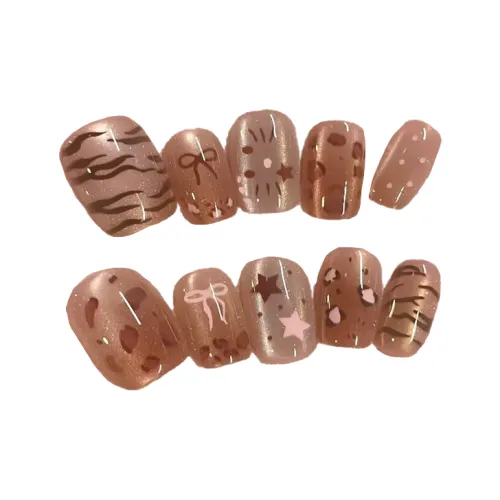T Z Осень и зима Леопардовый принт Звезды False Nail Короткий Квадрат Круглый Балерина Премиум Светлый кофейный Smudge Милый