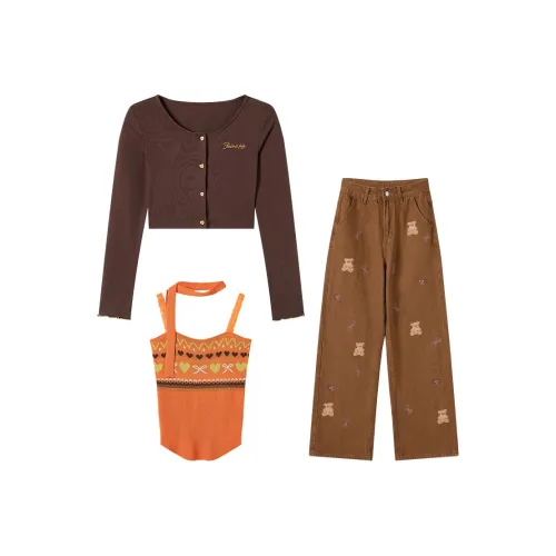 FABRIC PIG Коричневый кардиган + топ на бретелях + брюки женские повседневные костюмы
