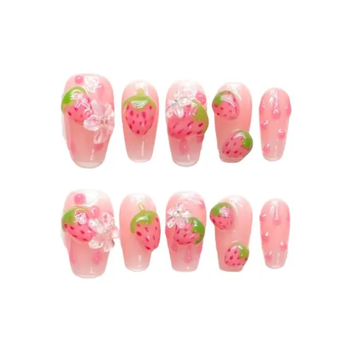XIAMEIYU Ручной работы Клубничный Sweet Lover Милый стиль False Nail Средний LADDER Розовый Однотонный Стиль Instagram 20 мм