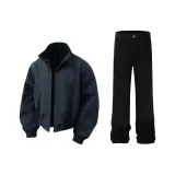 Темно-синий синий хлопковый пуховик + черные джинсы