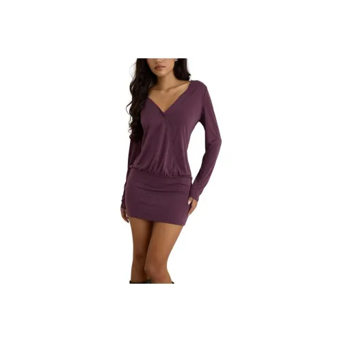 Motel Rocks Mihiro Plunge Мини Платье Купро Deep Фиолетовый Длинный Sleeved Платье Женские