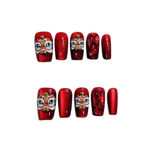 Gentle Welcome Lion Red Cat Eye Armor Celebration Brightening False Nail Short LADDER Red Solid Color