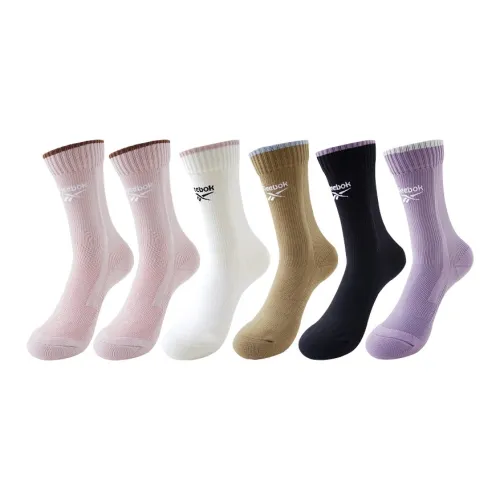 Reebok [6 пар] 2 Розовые + Черный + Белый + Фиолетовый + Желтый Женские носки MID до икры