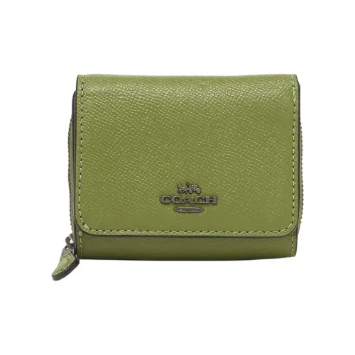 COACH Трехсекционный кошелек Крестовая текстура Кожа Кошелек Маленький Женский Травяной зеленый