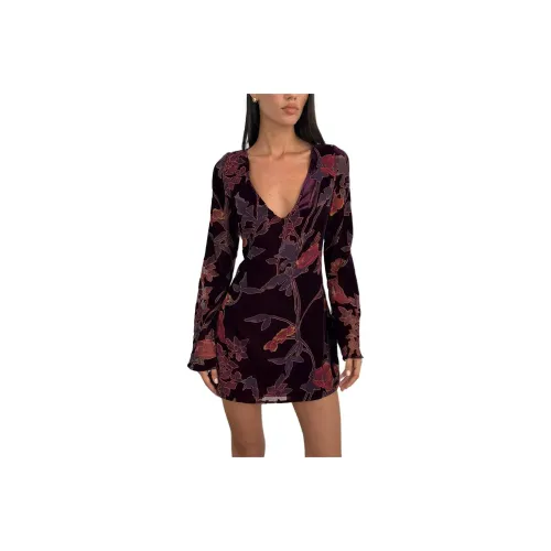 Motel Rocks Alitra Мини Платье Цветочный Devore Бургунди Длинное Платье с Длинными Рукавами Женское