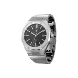 Серебряный стальной браслет, корпус серебристый, черный циферблат.