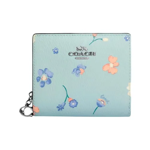 COACH Snap Wallet Покрытие Холст Кожа Короткий Кошелек Мини Женский Светло-Синий Зеленый