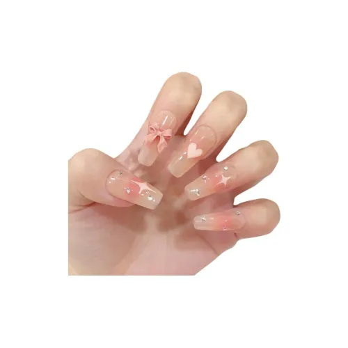 Suiyiie Handcrafted False Nail Милый и симпатичный Розовый Бабочка Сердце Румяна Маникюр Трапециоидальный Нежно-розовый Смужка Когтетка