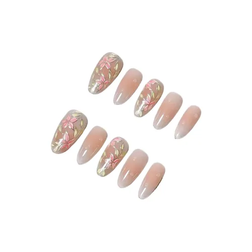 LIANJING [Эмаль] Ручной работы Винтаж Позолота Эмаль Цветочный дизайн False Nail Мягкий Элегантность Премиум Nail Art 25 мм Овал