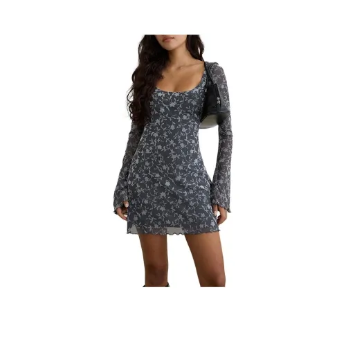 Motel Rocks Bindara MI Платье Pretty Лепесток Ворс Темный GREY Длинный Sleeved Платье Женские