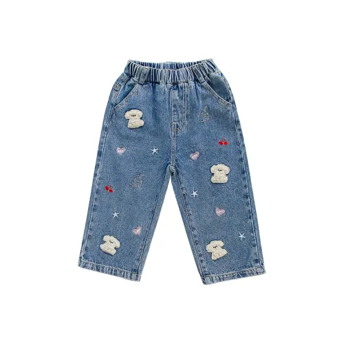 RHOBESAM Cute Star Full Embroidery Bear Jeans Blue Pre School Jeans