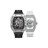 Серебряный корпус с черным циферблатом, ремень из винила (мужской) + серебряный корпус с белым циферблатом, ремень (женский)