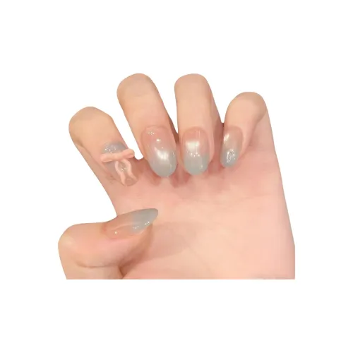 Yun Yue Joe Cold Туманный Бант Мечтательный Кошачий глаз False Nail Овал MID Длина (размер в длину) Розово-синий Градиентный Милый