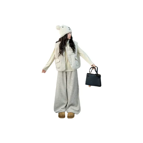 Qiao Ni Tong Комплекты одежды Абрикос Базовый слой Белый жилет Полосатые штаны Школьная повседневная спортивная одежда