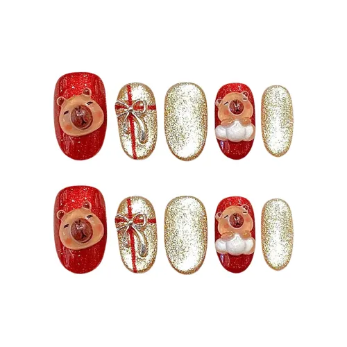 XIAMEIYU Красный Ручной Кошачий глаз Капибара Отбеливающий Рождество Медведь Золотой Розовый False Nail Овал Красный Jump Цвет